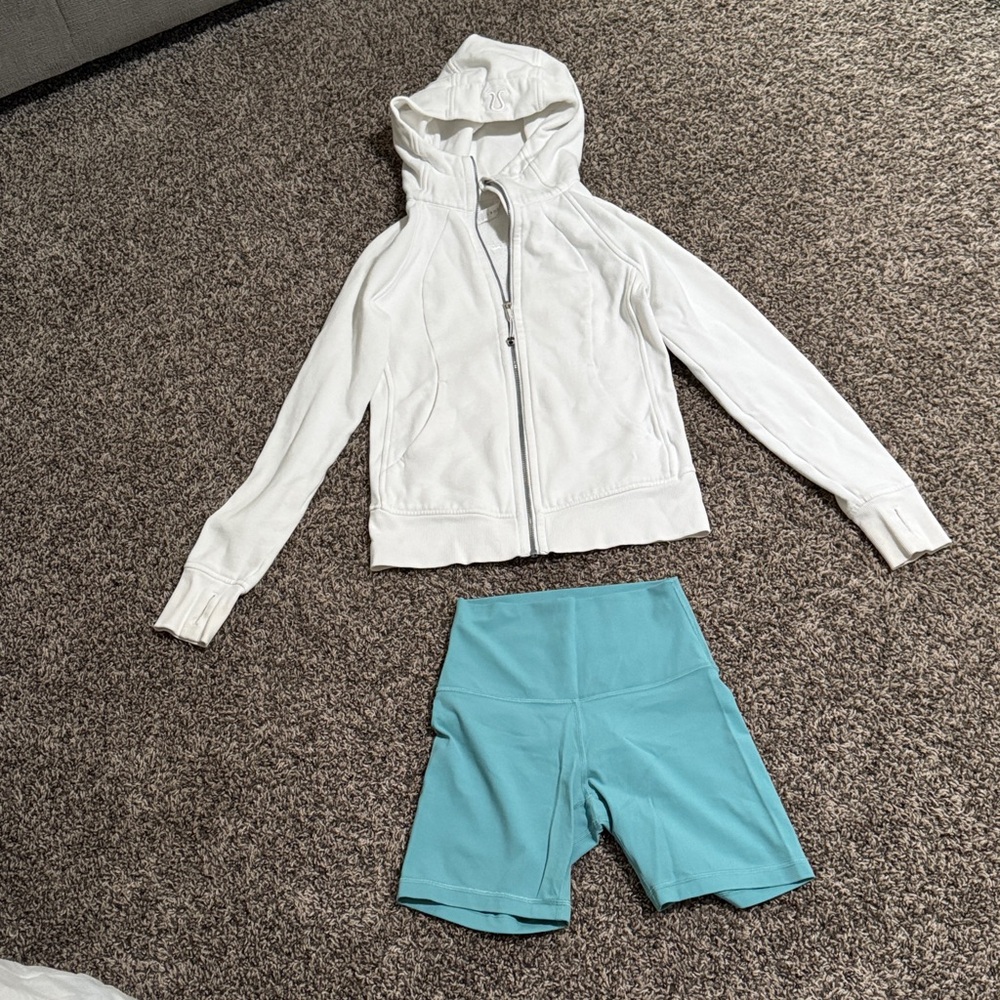 Lululemon White Zip-Up Hoodie and Blue Shorts Set